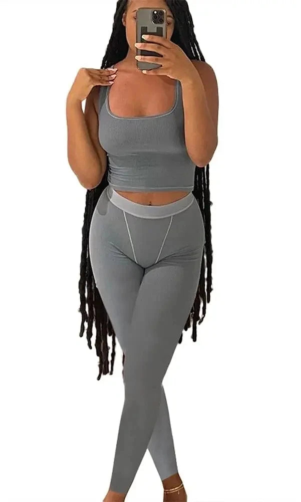 Lounge Wear Ribbed Casual 2 Piece Summer Shorts Set For Women Sleeve Top+Elastic Leggings Outfits
