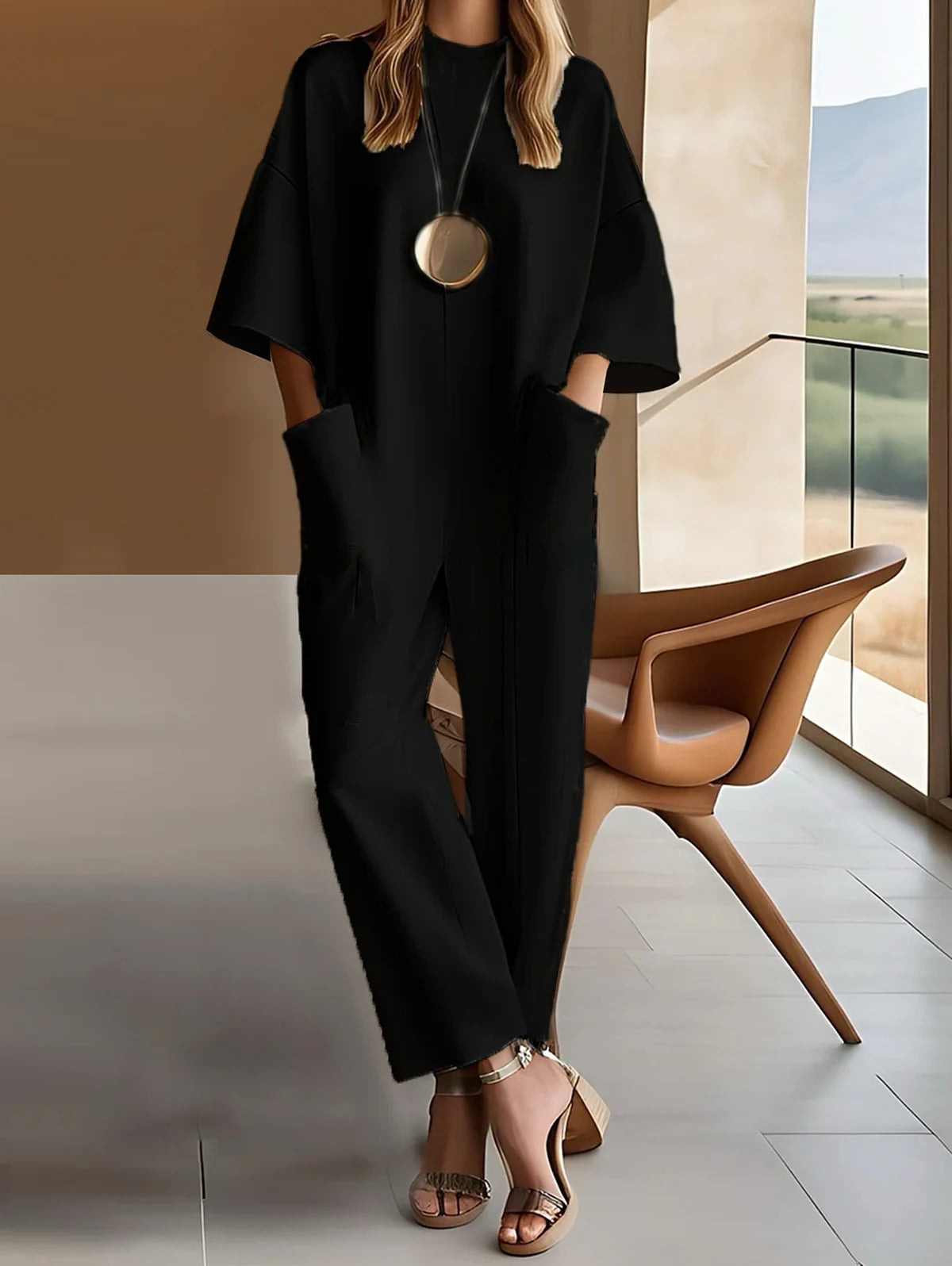 Streetwear Fashion New Loose Jumpsuits For Women Solid Color Casual 3/4 Sleeve O Neck Pockets Long Pants Lady Daily Rompers