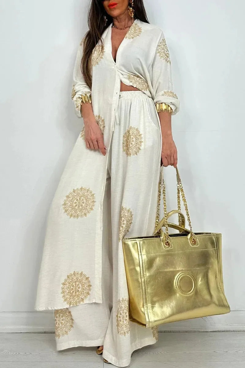 Women's Loose Long Vintage Printed Robe Set Spring Summer Casual Button Shirt Blouses Wide Legs Pants Oversized Two-piece Outfit