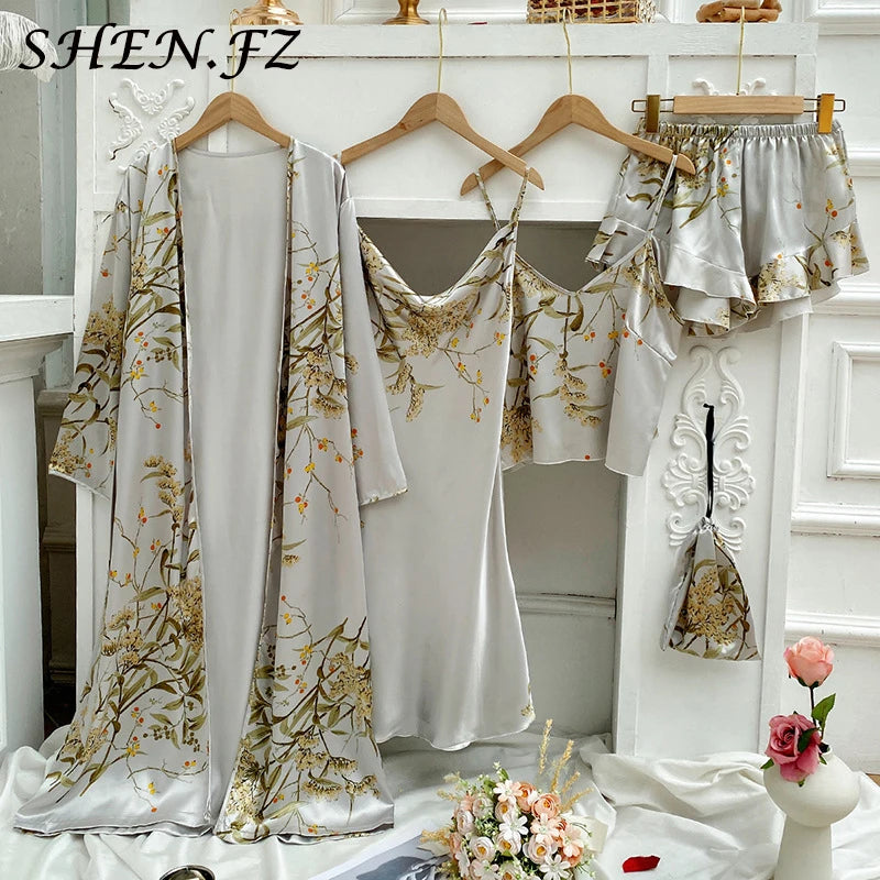 4PC Silk Robe Sleep Suit Womens Lace Satin Pajamas Gown Set V-Neck Cami Nighties Wear Pijama Home Nightwear Spring Nightdress