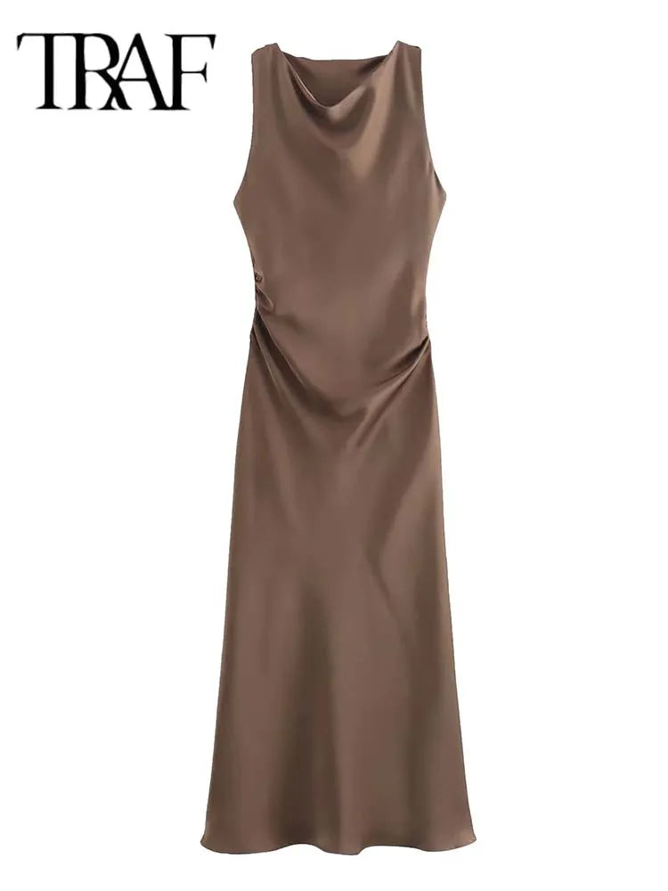 Satin Long Dresses for Women 2025 Summer Slip Midi Dress Woman Sexy Evening Party Dress Sleeveless Female Elegant Dresses