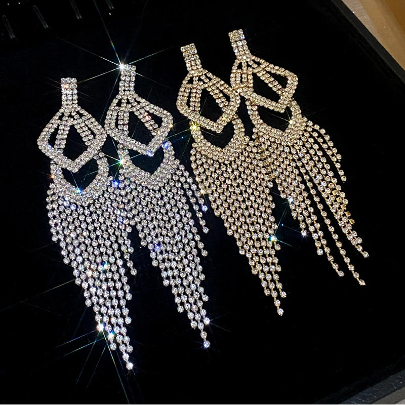 Long Rhinestone Tassel Earrings for Women 2024 New Fashion Statement Drop Earring Temperament Sparkle Geometry Jewelry Female
