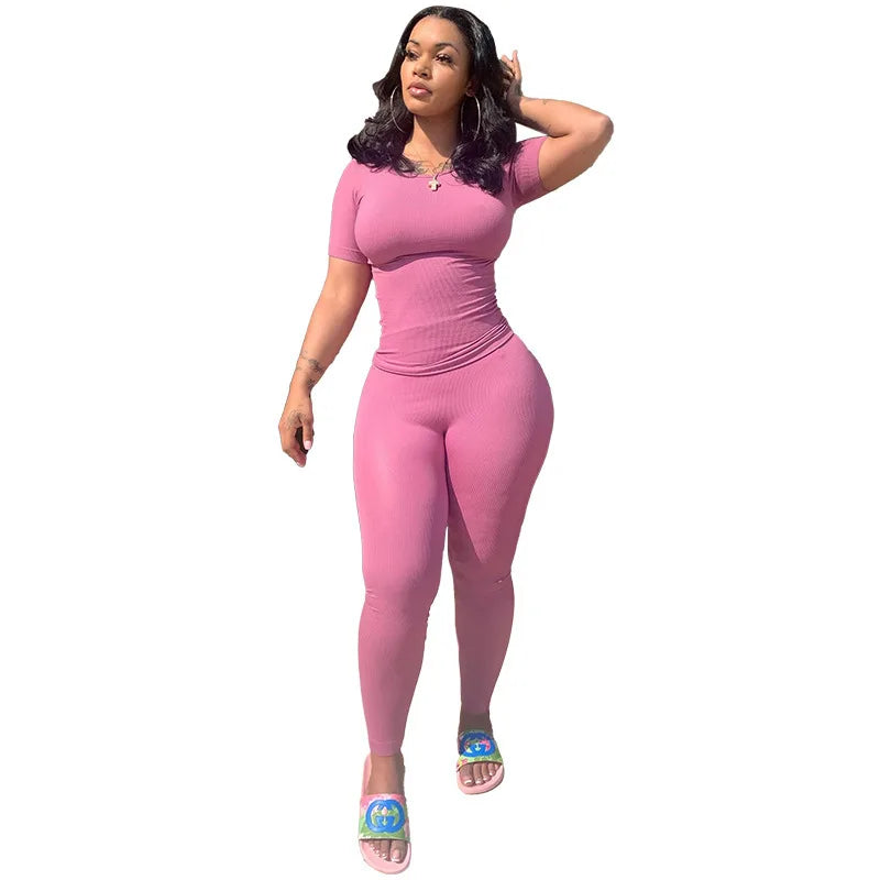 Lounge Wear Ribbed Casual 2 Piece Summer Shorts Set For Women Sleeve Top+Elastic Leggings Outfits