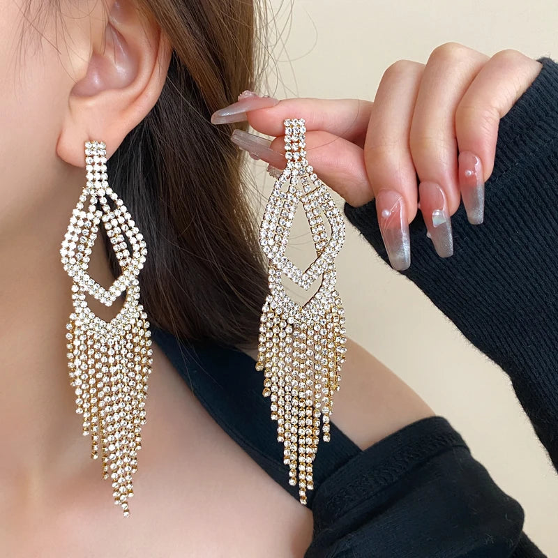 Long Rhinestone Tassel Earrings for Women 2024 New Fashion Statement Drop Earring Temperament Sparkle Geometry Jewelry Female