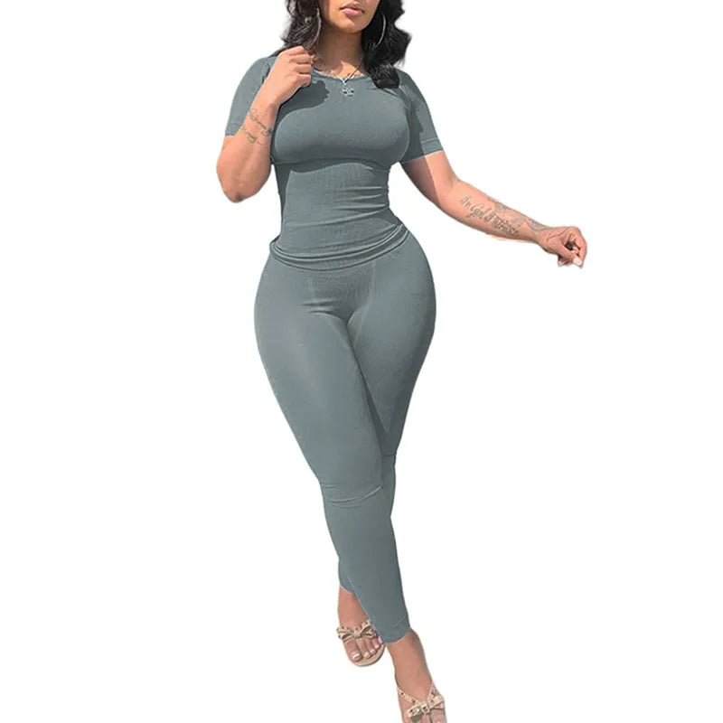 Lounge Wear Ribbed Casual 2 Piece Summer Shorts Set For Women Sleeve Top+Elastic Leggings Outfits