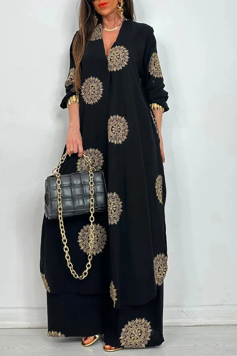 Women's Loose Long Vintage Printed Robe Set Spring Summer Casual Button Shirt Blouses Wide Legs Pants Oversized Two-piece Outfit