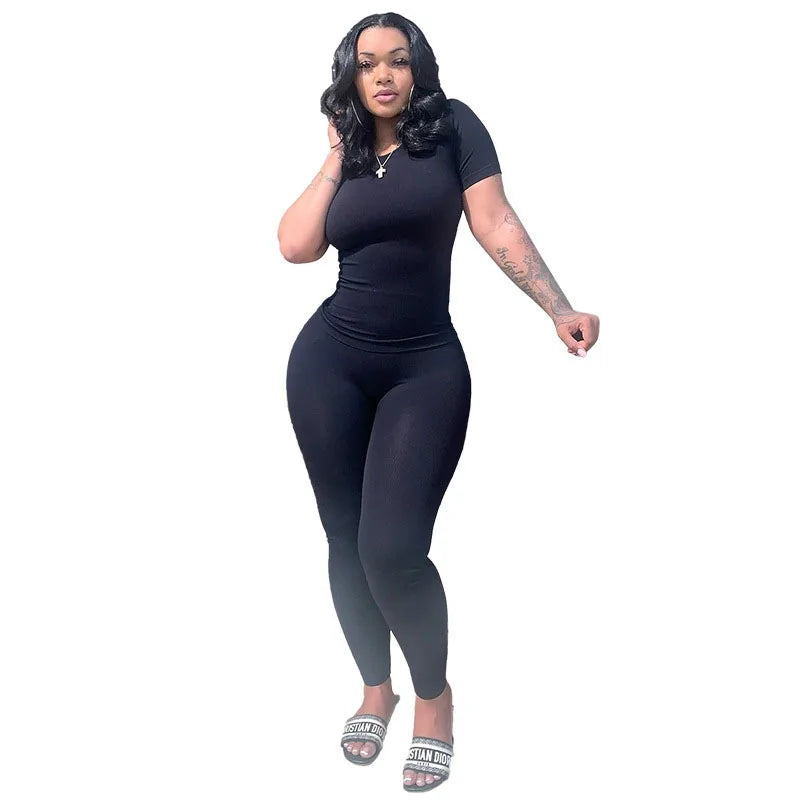 Lounge Wear Ribbed Casual 2 Piece Summer Shorts Set For Women Sleeve Top+Elastic Leggings Outfits