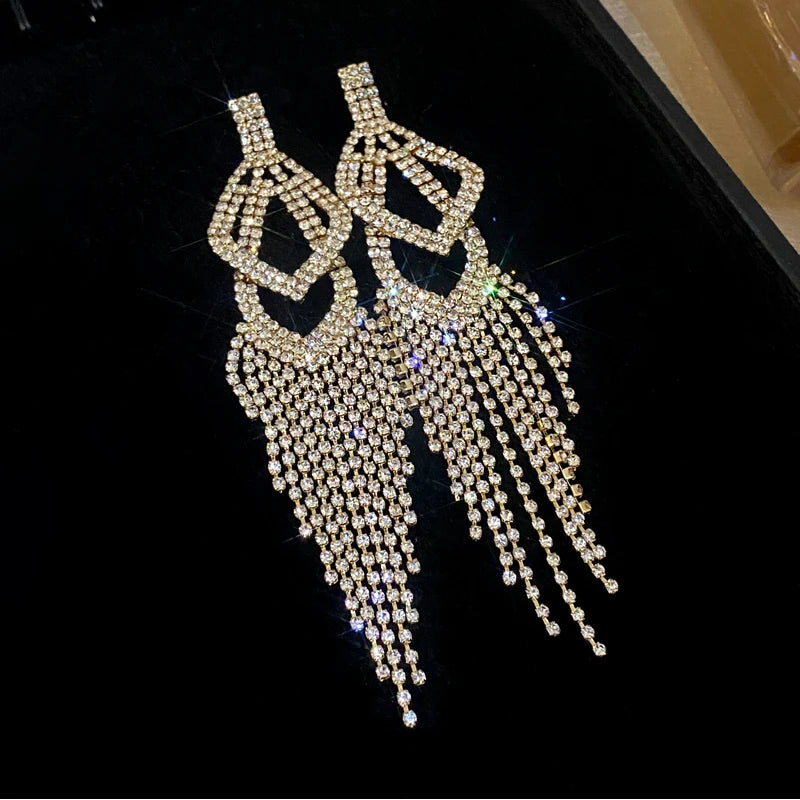 Long Rhinestone Tassel Earrings for Women 2024 New Fashion Statement Drop Earring Temperament Sparkle Geometry Jewelry Female