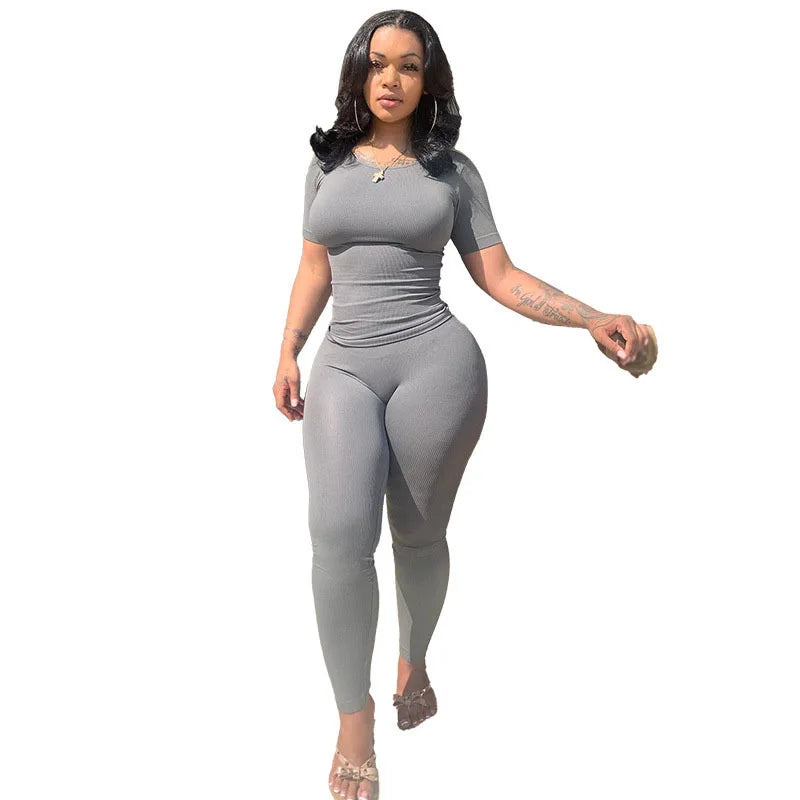 Lounge Wear Ribbed Casual 2 Piece Summer Shorts Set For Women Sleeve Top+Elastic Leggings Outfits