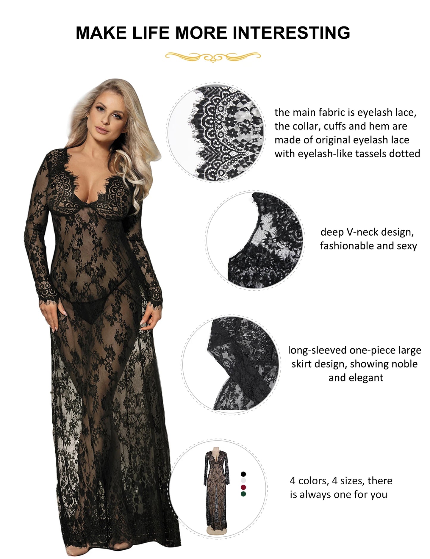 Comeondear 5XL Robe Women Long Sleeve Maternity Black Lace Big Size Babydoll Nightgown Lingerie Transparent V-Neck Sleepwear