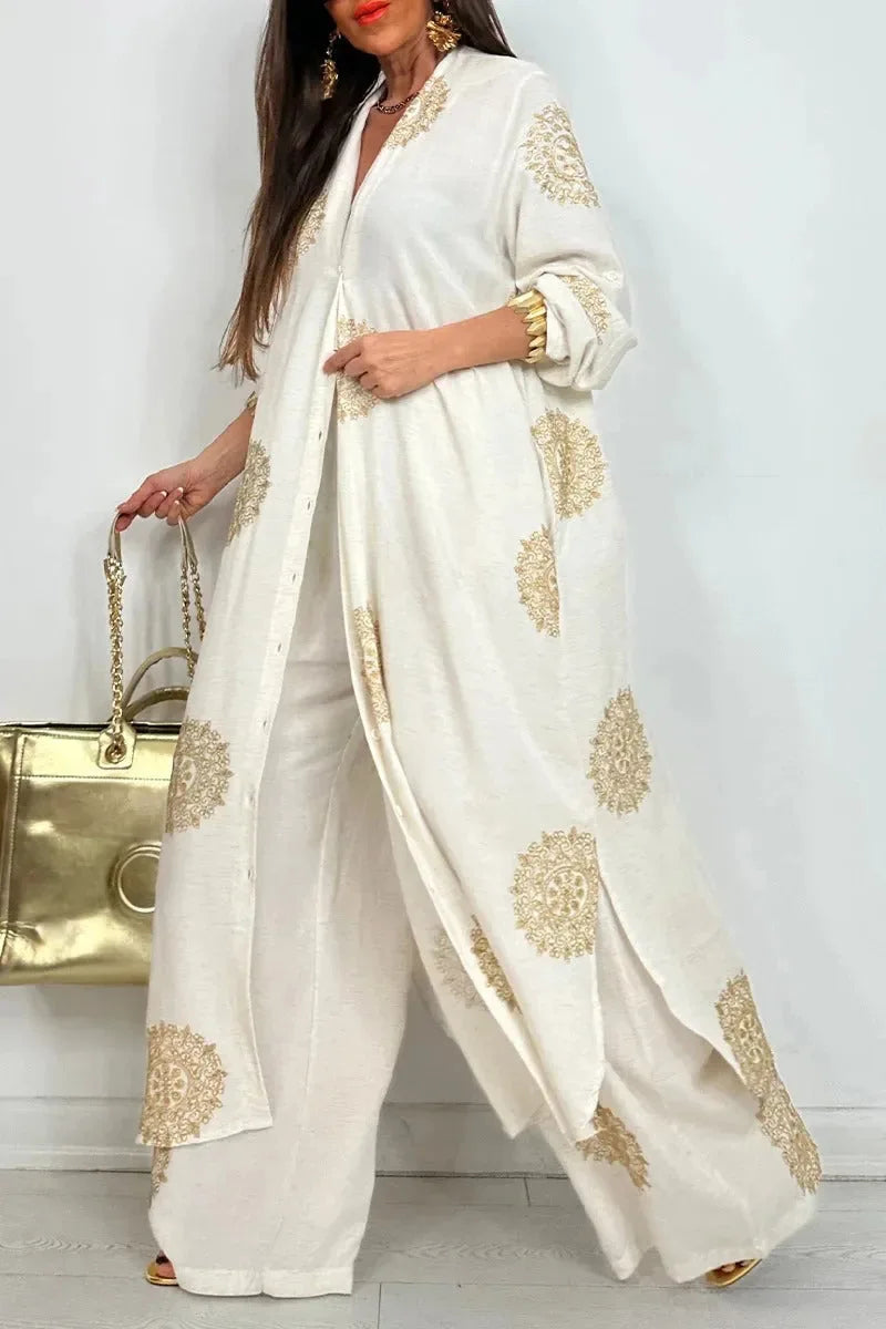 Women's Loose Long Vintage Printed Robe Set Spring Summer Casual Button Shirt Blouses Wide Legs Pants Oversized Two-piece Outfit