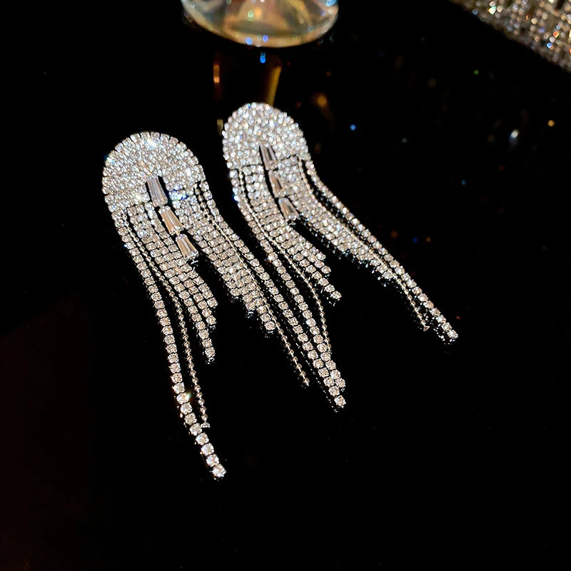 Long Rhinestone Tassel Earrings for Women 2024 New Fashion Statement Drop Earring Temperament Sparkle Geometry Jewelry Female