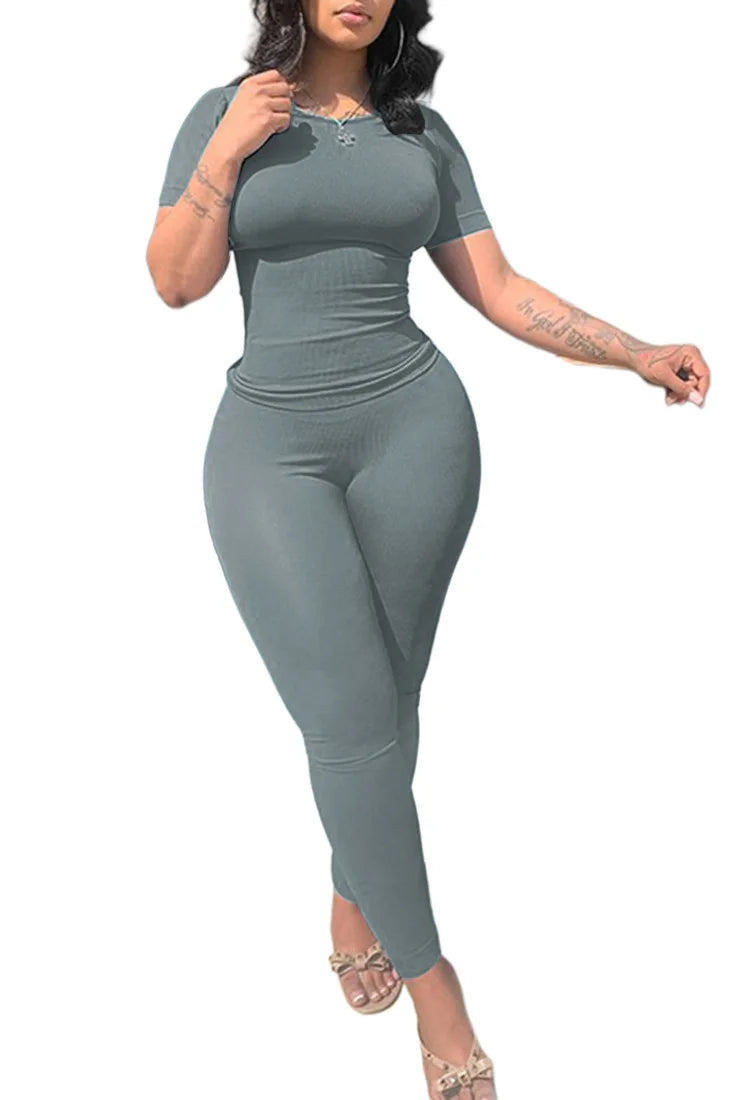 Lounge Wear Ribbed Casual 2 Piece Summer Shorts Set For Women Sleeve Top+Elastic Leggings Outfits