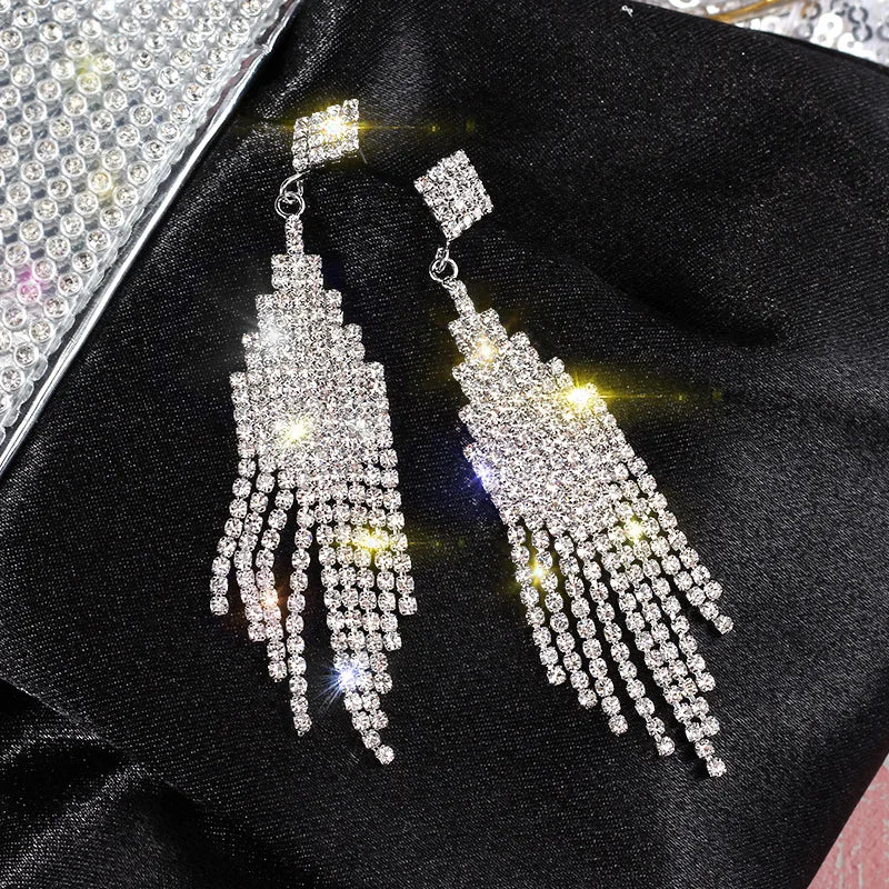 Long Rhinestone Tassel Earrings for Women 2024 New Fashion Statement Drop Earring Temperament Sparkle Geometry Jewelry Female