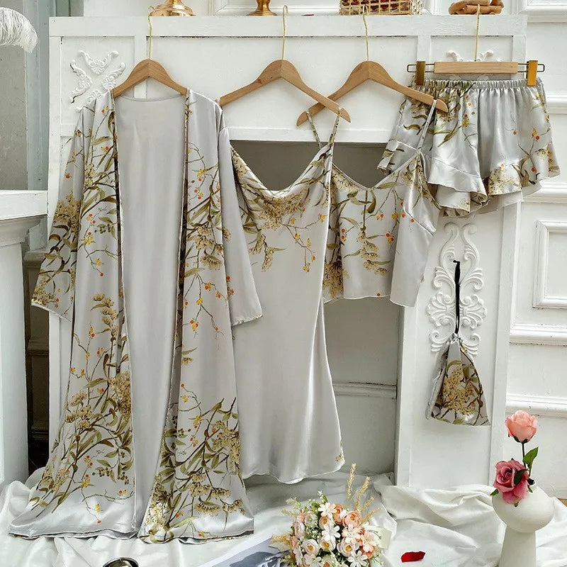 4PC Silk Robe Sleep Suit Womens Lace Satin Pajamas Gown Set V-Neck Cami Nighties Wear Pijama Home Nightwear Spring Nightdress