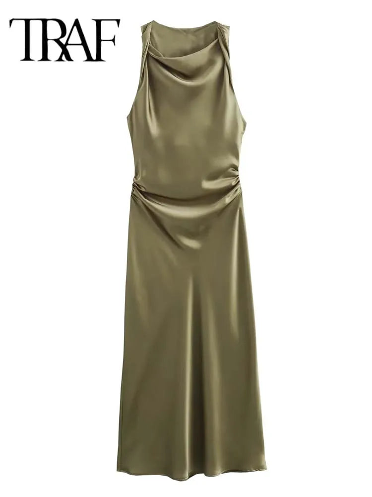 Satin Long Dresses for Women 2025 Summer Slip Midi Dress Woman Sexy Evening Party Dress Sleeveless Female Elegant Dresses