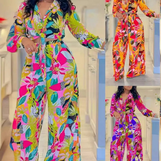 2024 New Autumn Style Commuter Printed Women's Two-piece Set Lapel Strap Shirt High Waist Wide Leg Pants Fashion Casual Suit