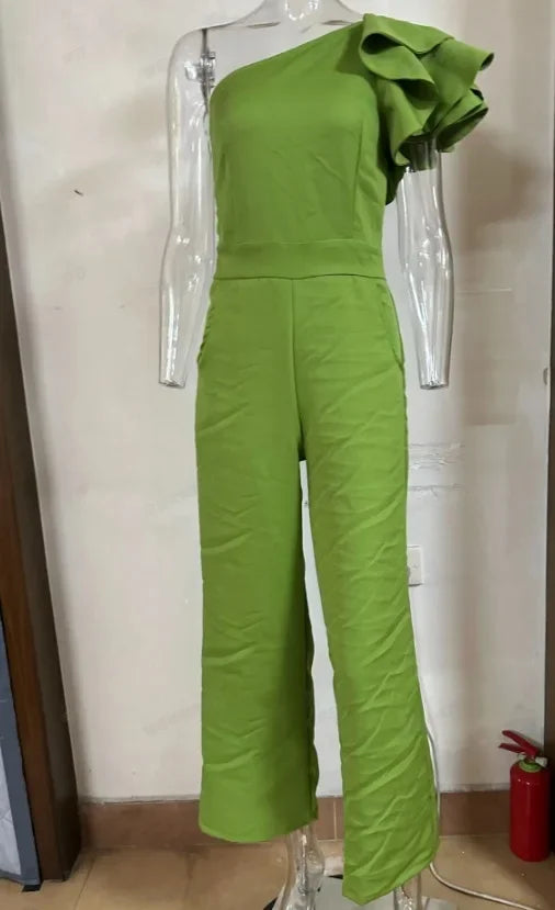 Summer New Fashion Ruffles Sling Collar Waist Solid Color Wide Leg Jumpsuit for Women Loose Fashion Jumpsuits Pants Sleeveless