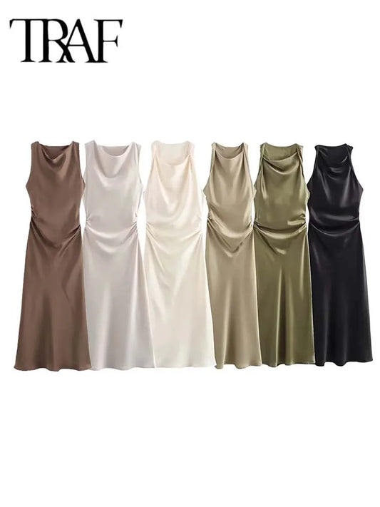 Satin Long Dresses for Women 2025 Summer Slip Midi Dress Woman Sexy Evening Party Dress Sleeveless Female Elegant Dresses