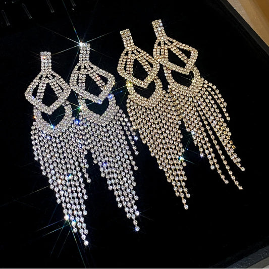 Long Rhinestone Tassel Earrings for Women 2024 New Fashion Statement Drop Earring Temperament Sparkle Geometry Jewelry Female