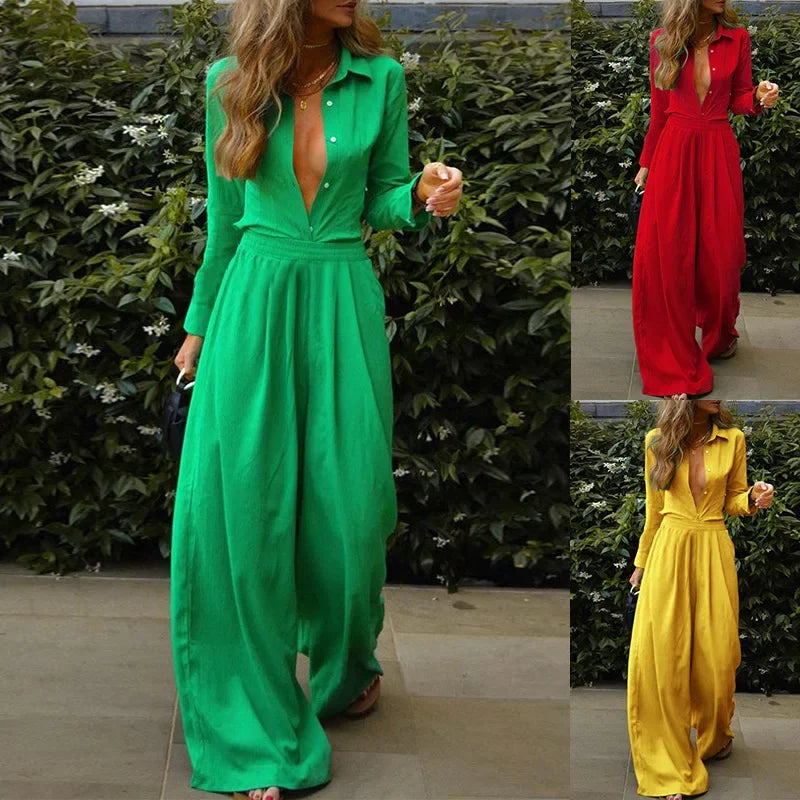 Women's Clothing Autumn and Winter Fashion Temperament Solid Color Shirt Loose Trousers Set Two-piece Set
